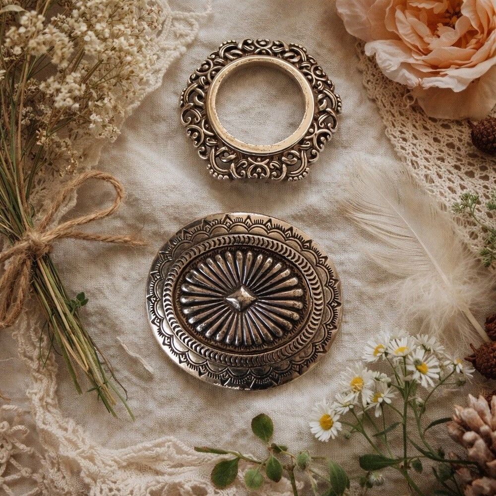 Brighton Silver Tone Heart Tabletop Accessory + Western Oval Belt Buckle Lot
